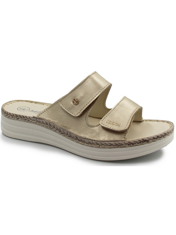 Klapki dla kobiet do pracy na lato wakacje skórzane Helios 122 złoty