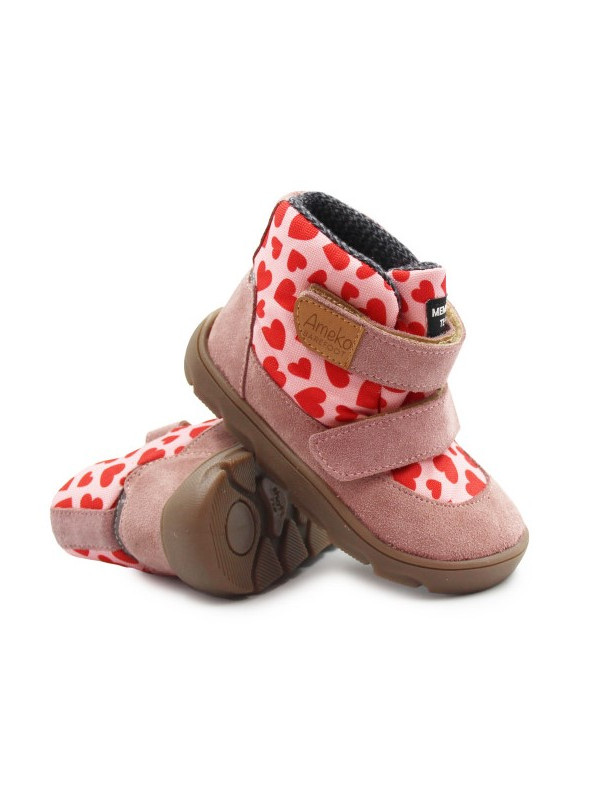 Różowe Buty Dla Dziewczynki Ocieplane za Kostkę Barefoot Ameko Elon Hearts